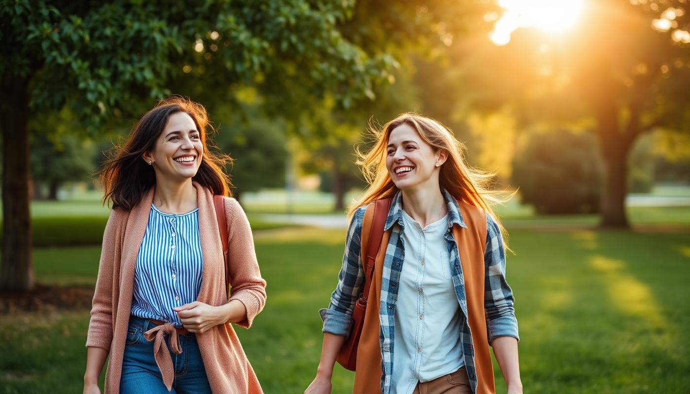 Two friends walking outdoors at golden hour