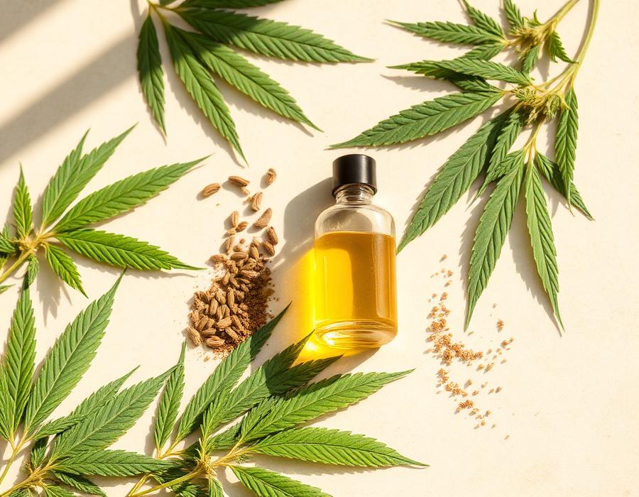 Hemp leaves and botanical extract on a cream surface